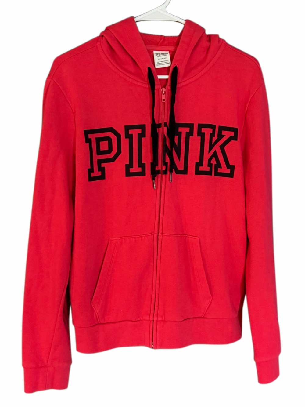 Victoria’s Secret PINK Full Zip Hoodie Coral Pink Black Logo Hooded Sweatshirt L